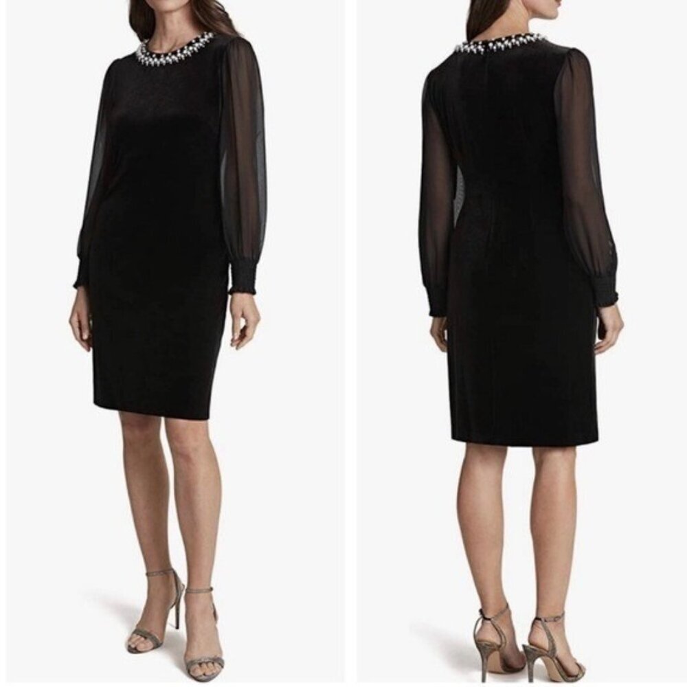 Tahari ASL Long Sleeves Beaded Neck Black Velvet Sheath Dress Pearl Sheer Sleeve